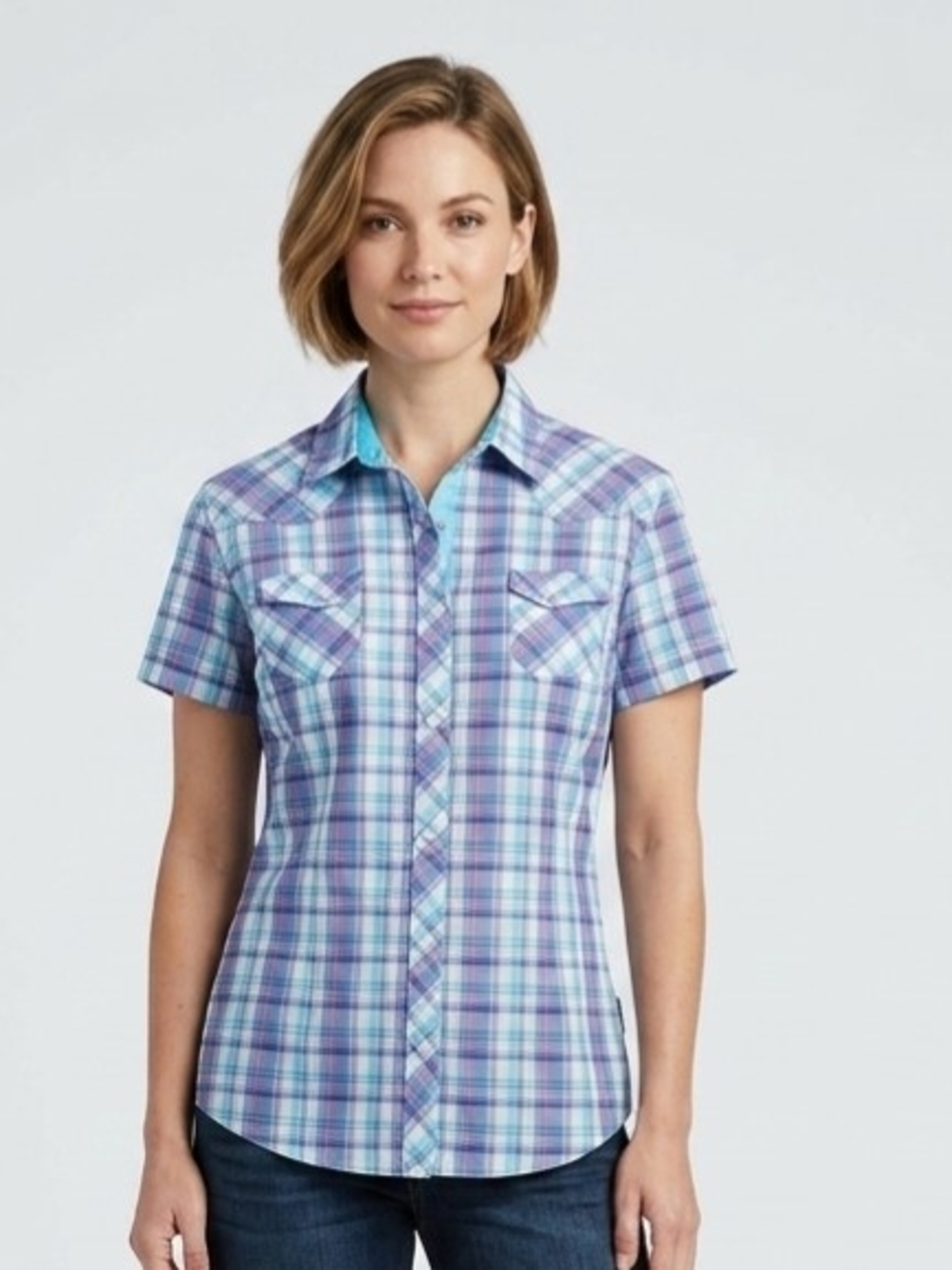 Kuhl Purple And Blue Plaid Womens Shirt With Peatl Snap Buttons Size Med
